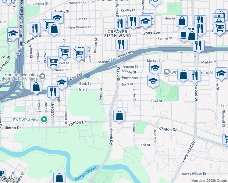 map of restaurants, bars, coffee shops, grocery stores, and more near 704 Waco Street in Houston