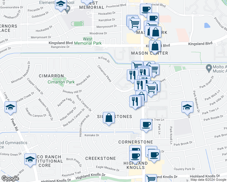 map of restaurants, bars, coffee shops, grocery stores, and more near 805 Hidden Canyon Road in Katy