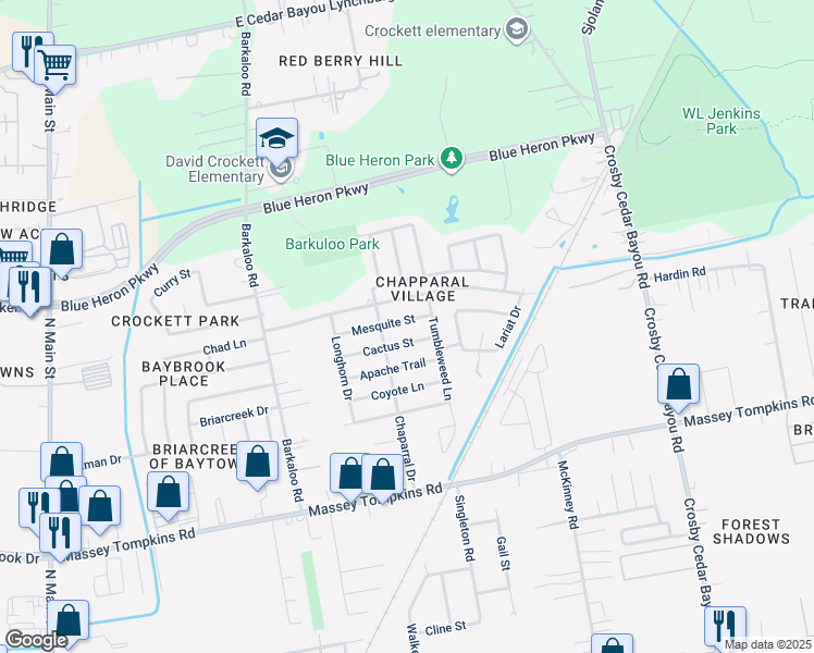 map of restaurants, bars, coffee shops, grocery stores, and more near 1309 Mesquite Street in Baytown