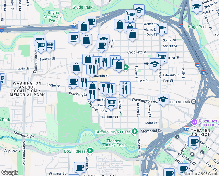 map of restaurants, bars, coffee shops, grocery stores, and more near 2122 Center Street in Houston