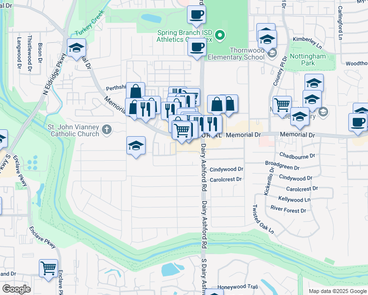 map of restaurants, bars, coffee shops, grocery stores, and more near 14623 Memorial Drive in Houston