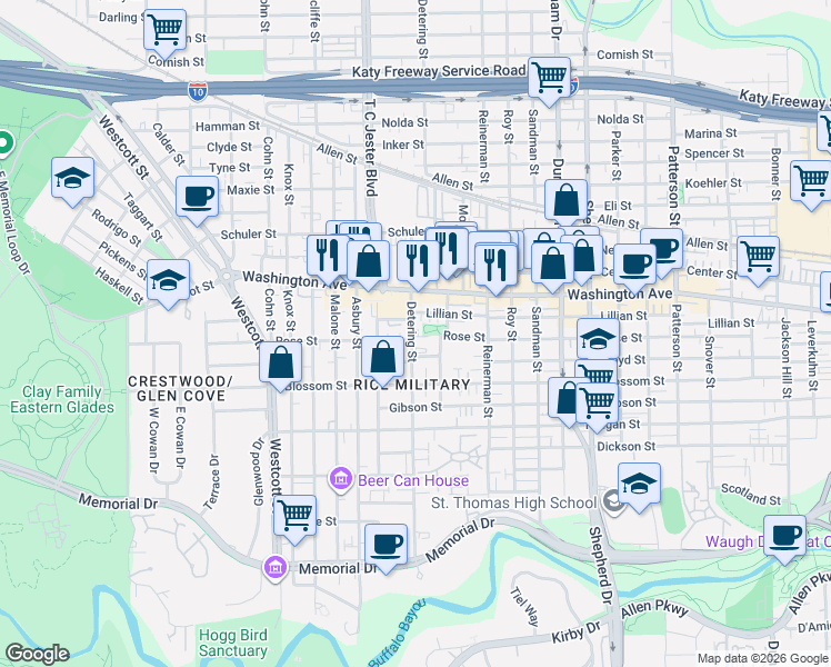 map of restaurants, bars, coffee shops, grocery stores, and more near 5400 Rose Street in Houston