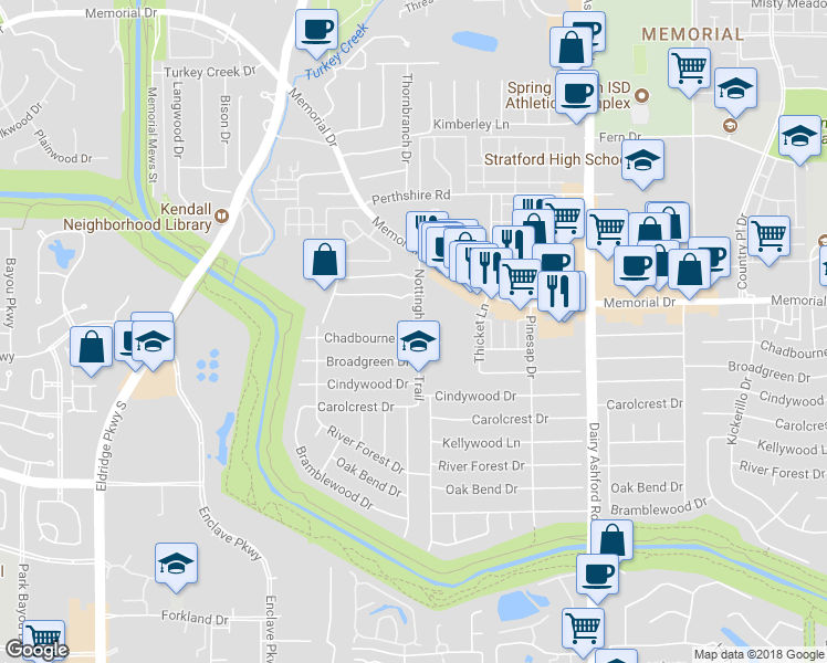 map of restaurants, bars, coffee shops, grocery stores, and more near 14802 Chadbourne Drive in Houston