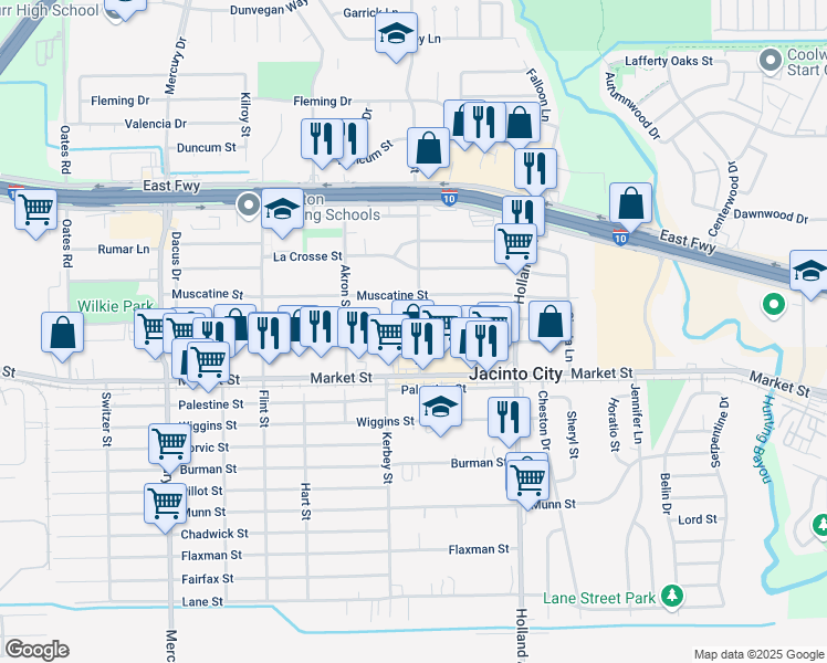 map of restaurants, bars, coffee shops, grocery stores, and more near 10809 Oswego Street in Houston