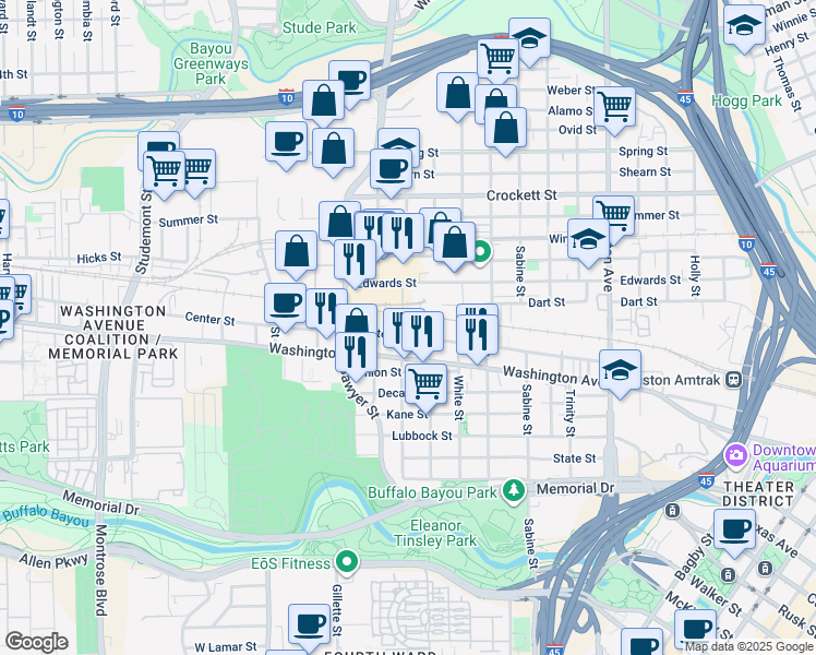 map of restaurants, bars, coffee shops, grocery stores, and more near 2122 Center Street in Houston