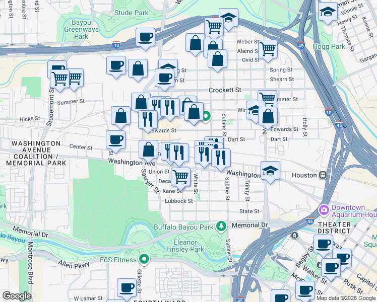 map of restaurants, bars, coffee shops, grocery stores, and more near 2016 Center Street in Houston