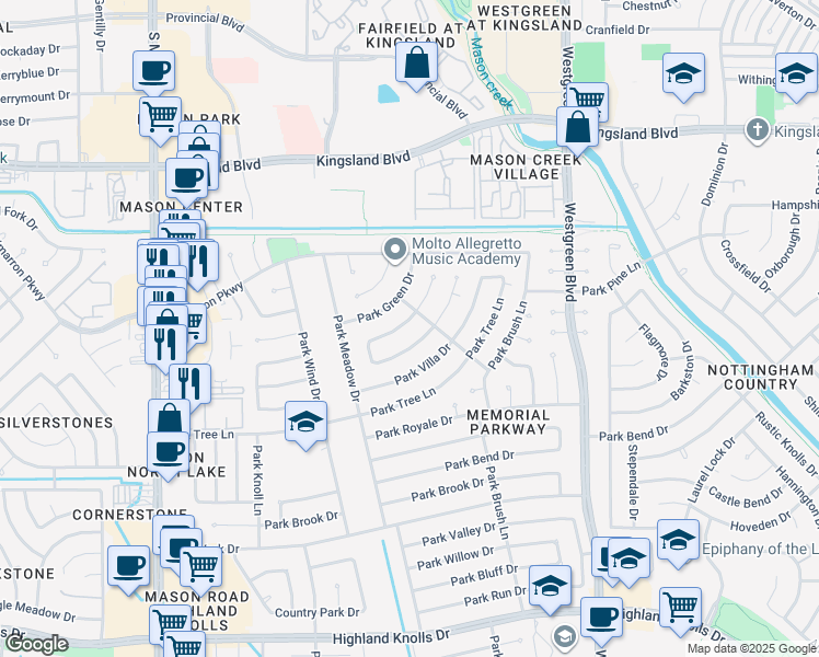 map of restaurants, bars, coffee shops, grocery stores, and more near 21319 Park Rock Lane in Katy