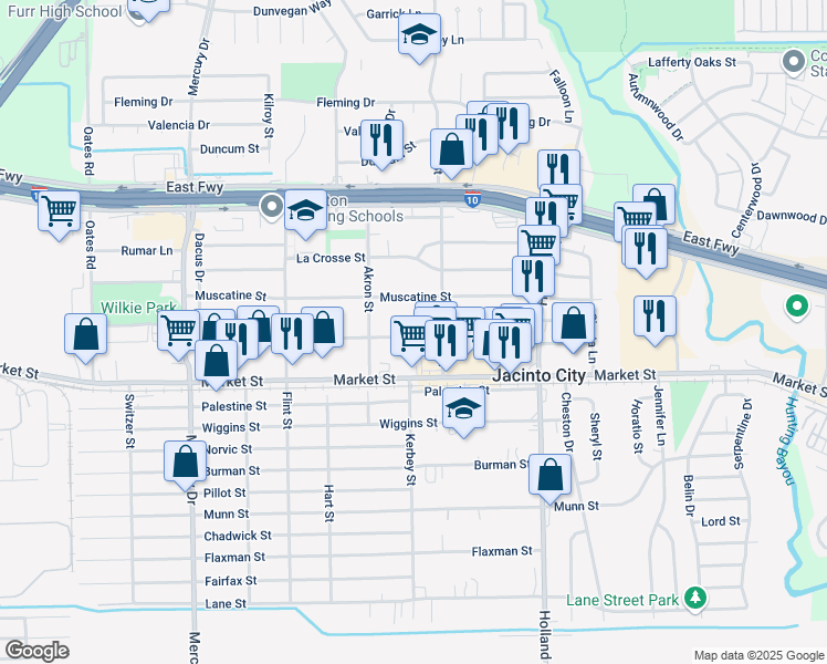 map of restaurants, bars, coffee shops, grocery stores, and more near 10809 Oswego Street in Houston