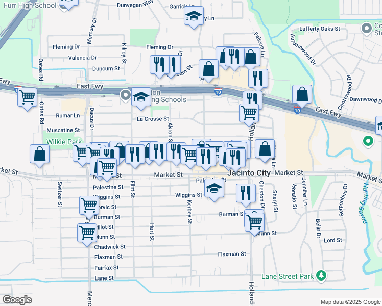 map of restaurants, bars, coffee shops, grocery stores, and more near 10809 Oswego Street in Houston