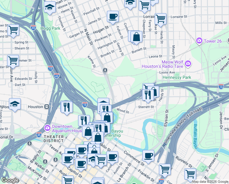 map of restaurants, bars, coffee shops, grocery stores, and more near in Houston