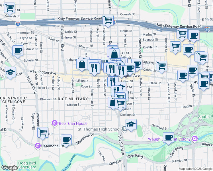 map of restaurants, bars, coffee shops, grocery stores, and more near 5006 Rose Street in Houston