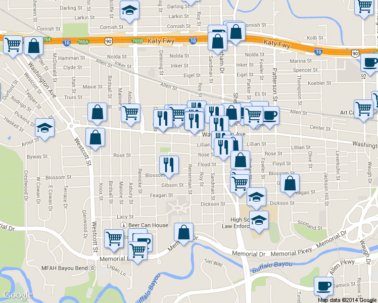 map of restaurants, bars, coffee shops, grocery stores, and more near 731 Reinerman Street in Houston