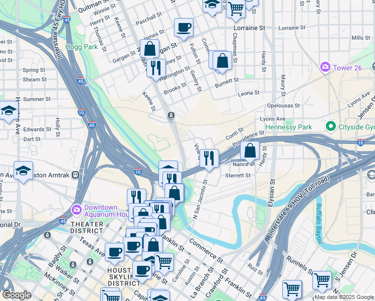 map of restaurants, bars, coffee shops, grocery stores, and more near 320 North Main Street in Houston
