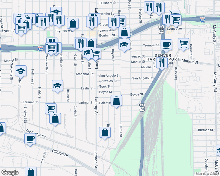 map of restaurants, bars, coffee shops, grocery stores, and more near 7009 Boyce Street in Houston