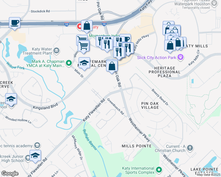 map of restaurants, bars, coffee shops, grocery stores, and more near 1400 Katy Flewellen Road in Katy