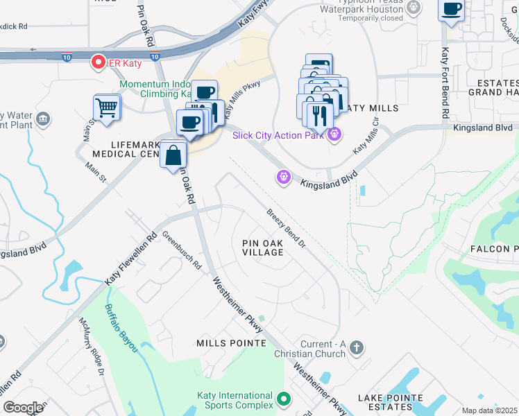 map of restaurants, bars, coffee shops, grocery stores, and more near 1411 Breezy Bend Drive in Katy