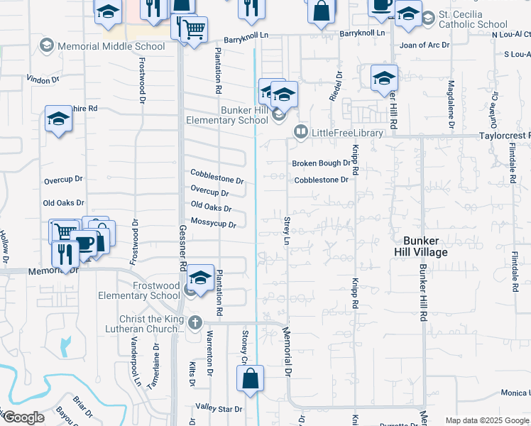 map of restaurants, bars, coffee shops, grocery stores, and more near 4 Beebe Lane in Houston