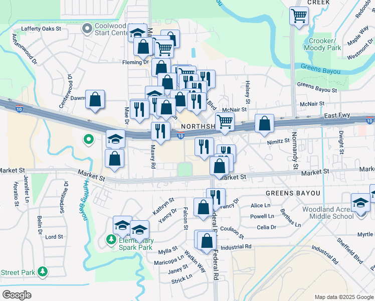 map of restaurants, bars, coffee shops, grocery stores, and more near 1205 Falcon Street in Houston