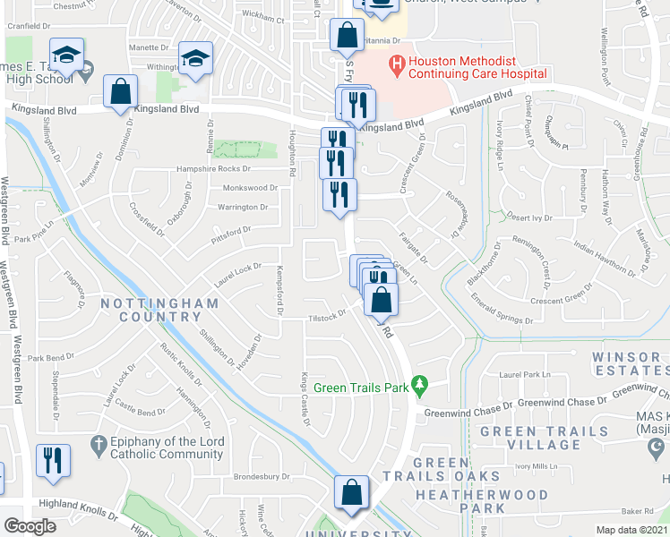 map of restaurants, bars, coffee shops, grocery stores, and more near 20006 Gable Point Drive in Katy