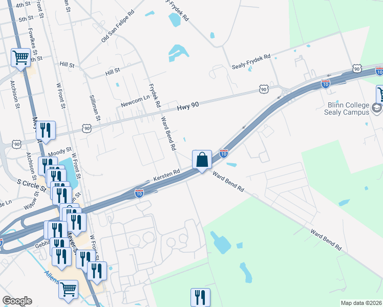 map of restaurants, bars, coffee shops, grocery stores, and more near 1422 Ward Bend Road in Sealy