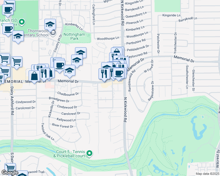 map of restaurants, bars, coffee shops, grocery stores, and more near 619 White Wing Lane in Houston