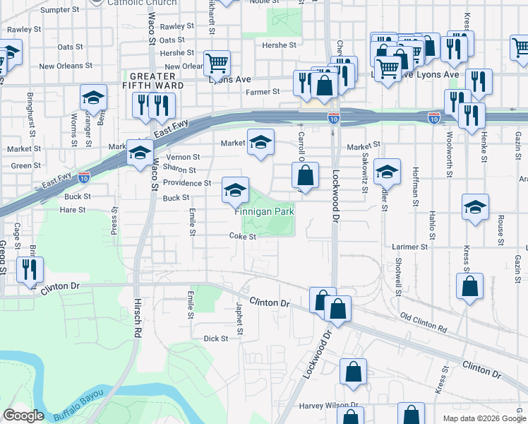 map of restaurants, bars, coffee shops, grocery stores, and more near 4900 Providence Street in Houston