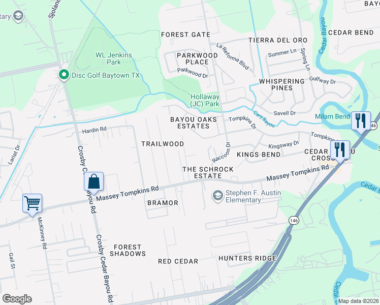 map of restaurants, bars, coffee shops, grocery stores, and more near 3903 Raccoon Drive in Baytown