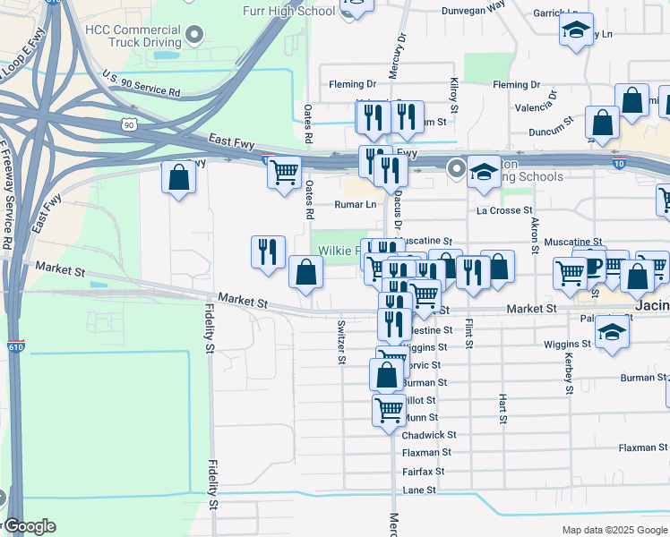 map of restaurants, bars, coffee shops, grocery stores, and more near 10202 Challenger 7 Drive in Jacinto City