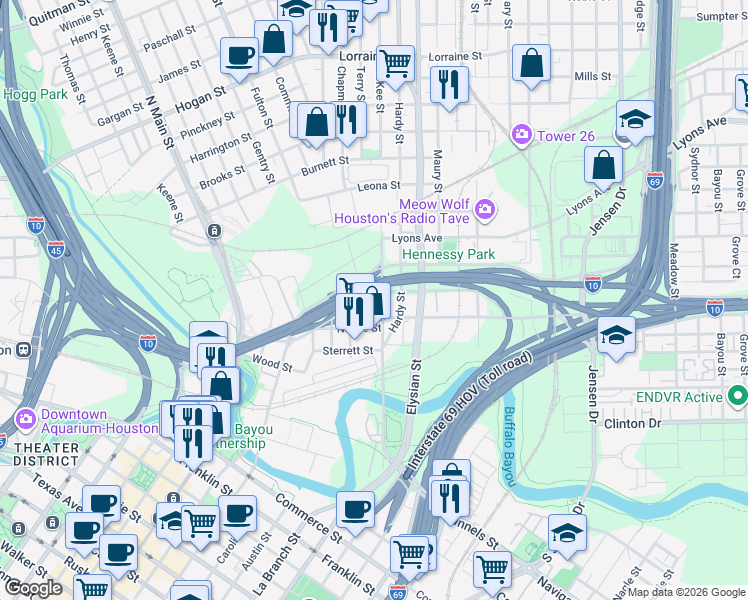 map of restaurants, bars, coffee shops, grocery stores, and more near 909 McKee Street in Houston