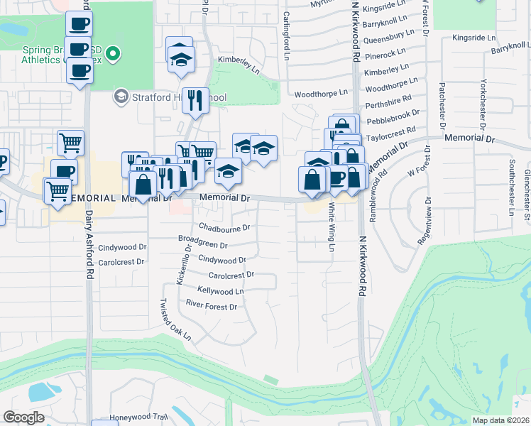 map of restaurants, bars, coffee shops, grocery stores, and more near 14206 Chadbourne Drive in Houston