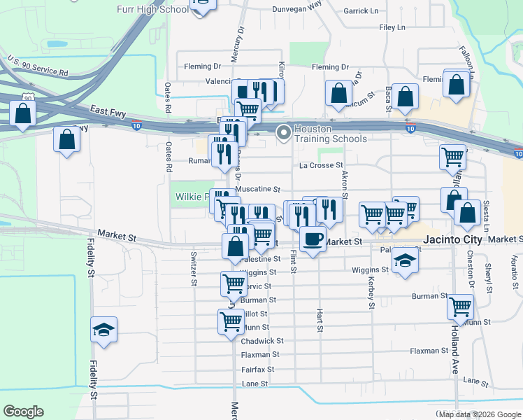map of restaurants, bars, coffee shops, grocery stores, and more near 10405 South Oswego Street in Jacinto City