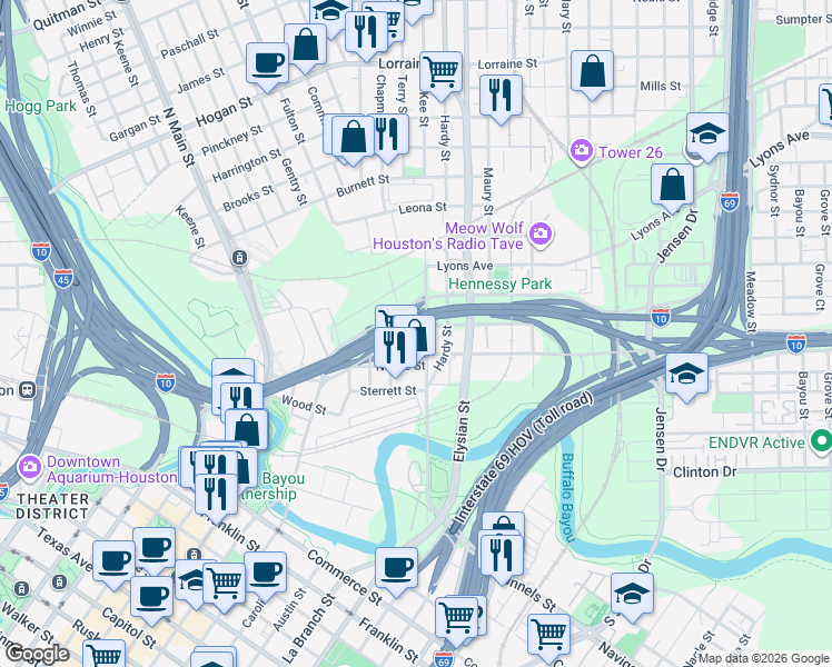 map of restaurants, bars, coffee shops, grocery stores, and more near 909 McKee Street in Houston