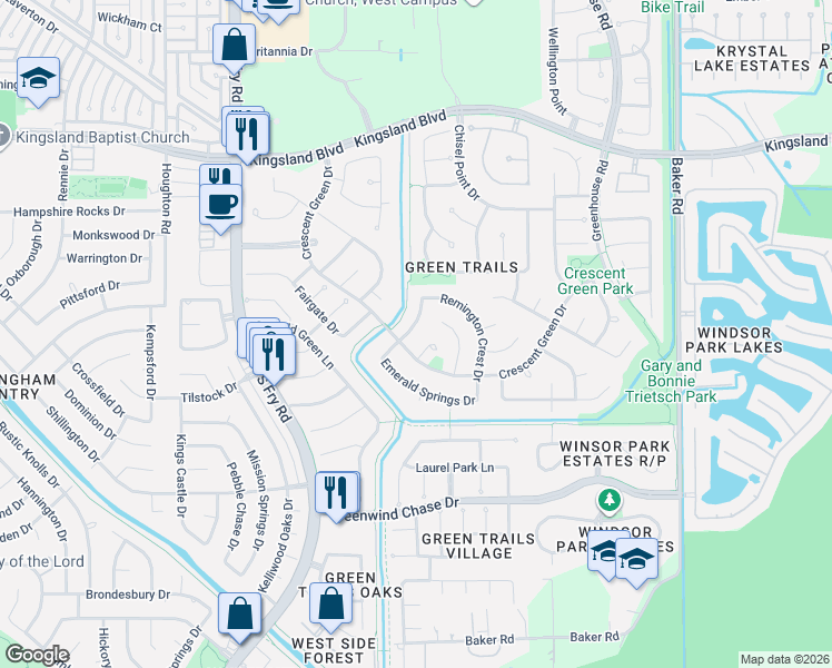 map of restaurants, bars, coffee shops, grocery stores, and more near 1322 Sapphire Bay Court in Houston