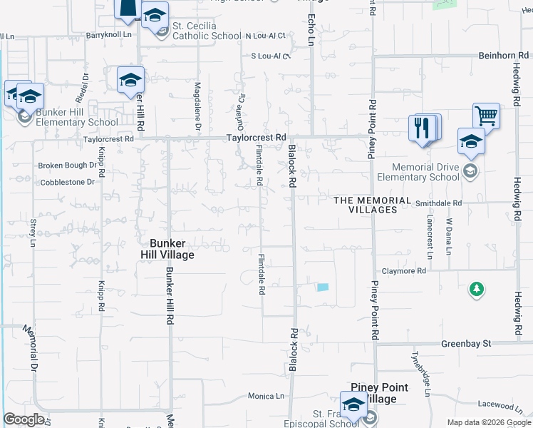 map of restaurants, bars, coffee shops, grocery stores, and more near 11702 Brandon Way in Houston