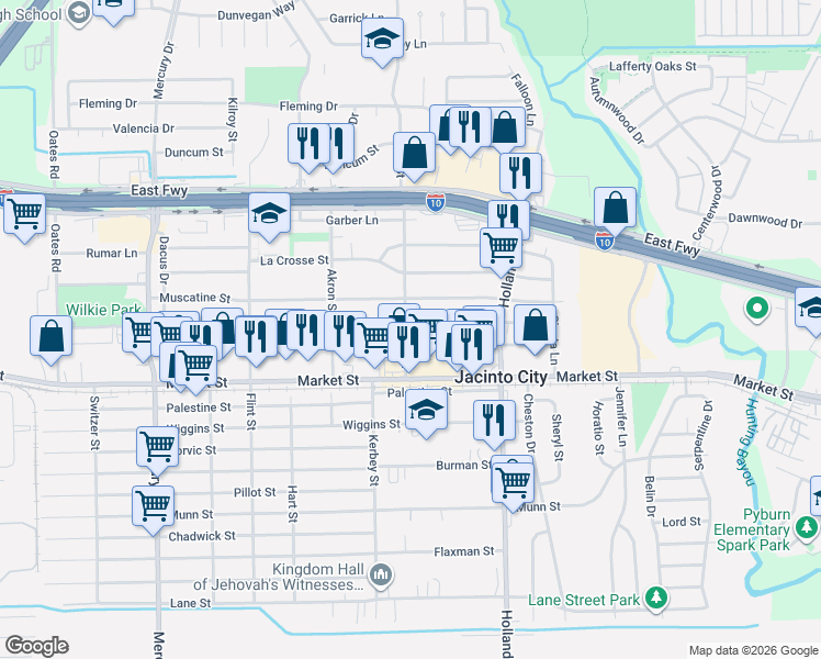 map of restaurants, bars, coffee shops, grocery stores, and more near 10809 Oswego Street in Houston