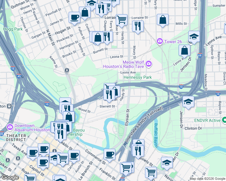 map of restaurants, bars, coffee shops, grocery stores, and more near 1495 Rothwell Street in Houston
