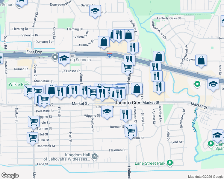 map of restaurants, bars, coffee shops, grocery stores, and more near 10921 Oswego Street in Houston