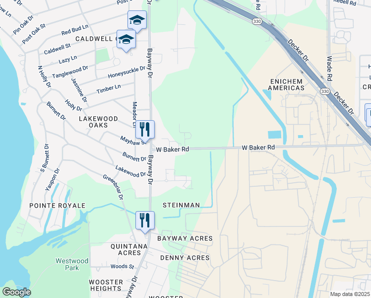 map of restaurants, bars, coffee shops, grocery stores, and more near 5807 West Baker Road in Baytown