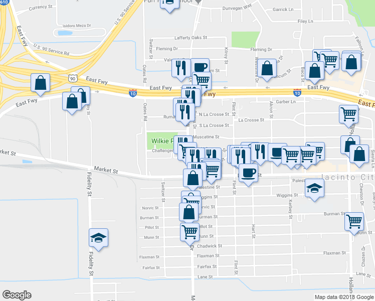 map of restaurants, bars, coffee shops, grocery stores, and more near 10306 Challenger 7 Drive in Houston
