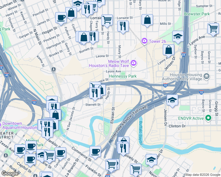 map of restaurants, bars, coffee shops, grocery stores, and more near 900 Hardy Street in Houston
