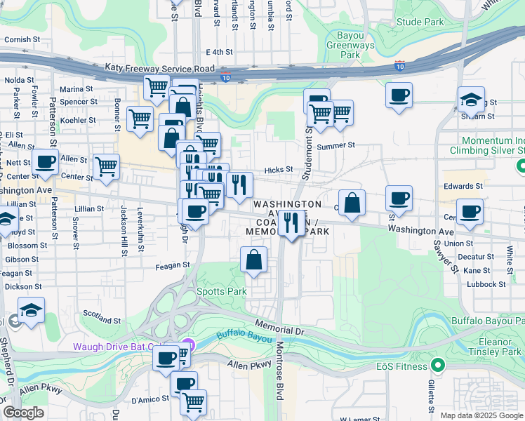 map of restaurants, bars, coffee shops, grocery stores, and more near 3350 Washington Avenue in Houston