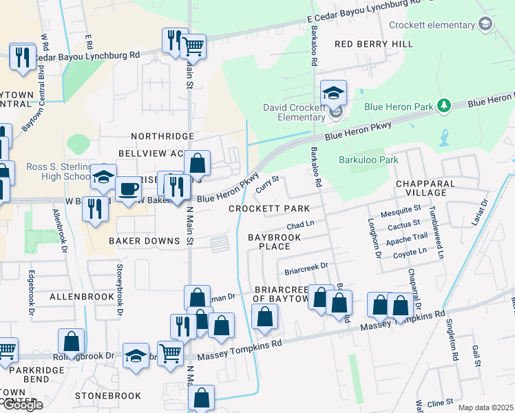 map of restaurants, bars, coffee shops, grocery stores, and more near 4211 Cinnamon Street in Baytown