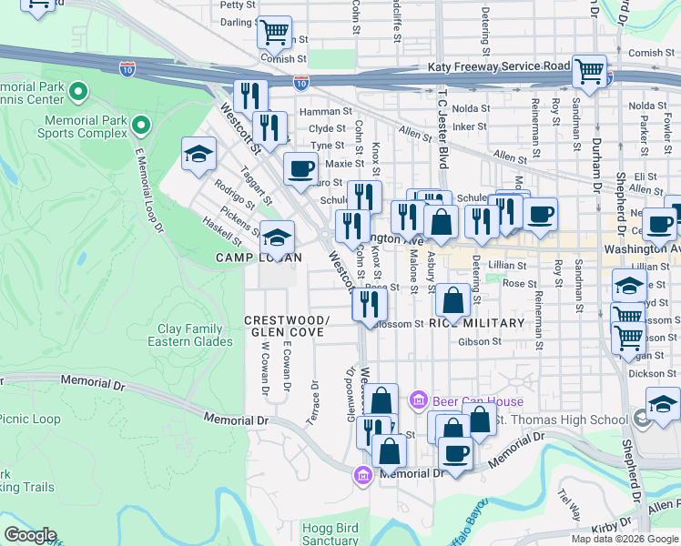 map of restaurants, bars, coffee shops, grocery stores, and more near 6010 Rose Street in Houston