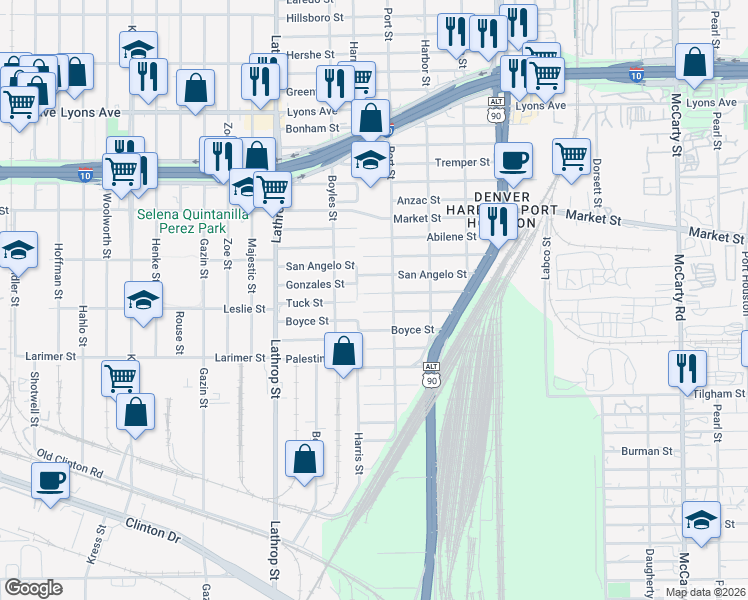 map of restaurants, bars, coffee shops, grocery stores, and more near 7226 Tuck Street in Houston