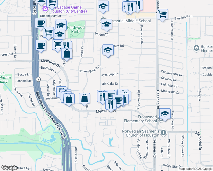 map of restaurants, bars, coffee shops, grocery stores, and more near 12518 Mossycup Drive in Houston