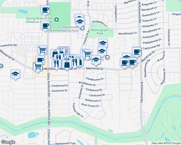 map of restaurants, bars, coffee shops, grocery stores, and more near 14358 Chadbourne Drive in Houston