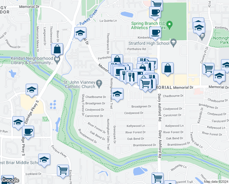 map of restaurants, bars, coffee shops, grocery stores, and more near 14802 Chadbourne Drive in Houston