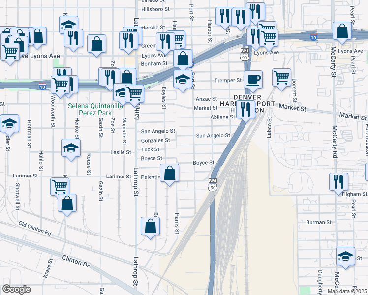 map of restaurants, bars, coffee shops, grocery stores, and more near 7226 Tuck Street in Houston