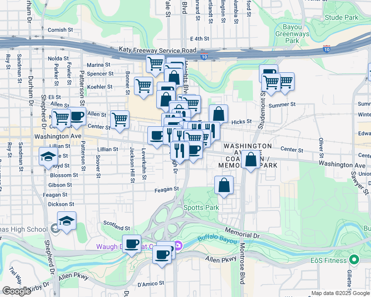 map of restaurants, bars, coffee shops, grocery stores, and more near Washington Ave & Heights Blvd in Houston