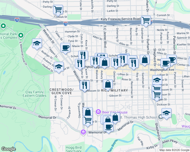 map of restaurants, bars, coffee shops, grocery stores, and more near 827 Malone Street in Houston